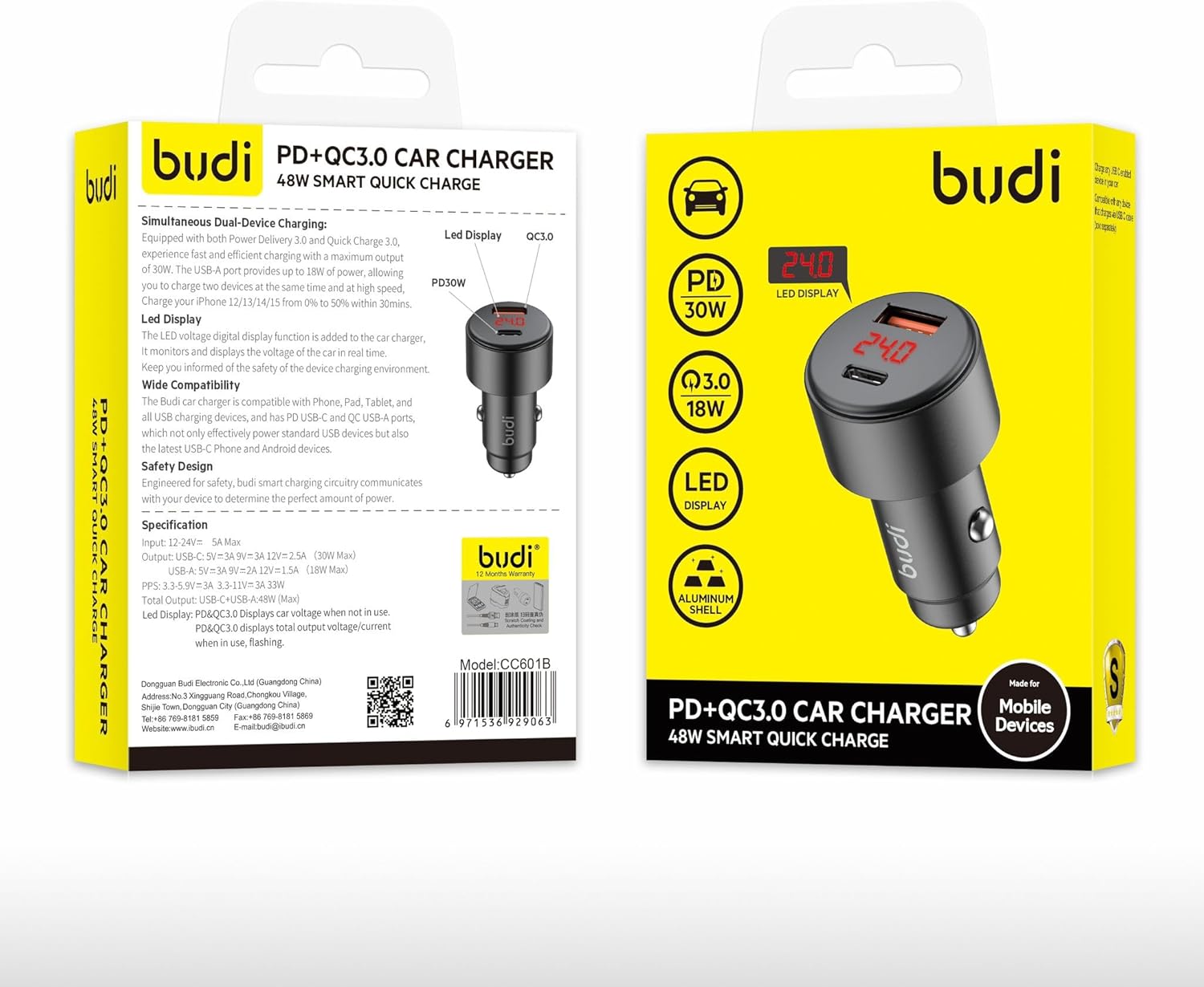 Budi - PD+QC3.0 Car Charger - 48W Smart Quick Charge - LED Display, Aluminum Shell